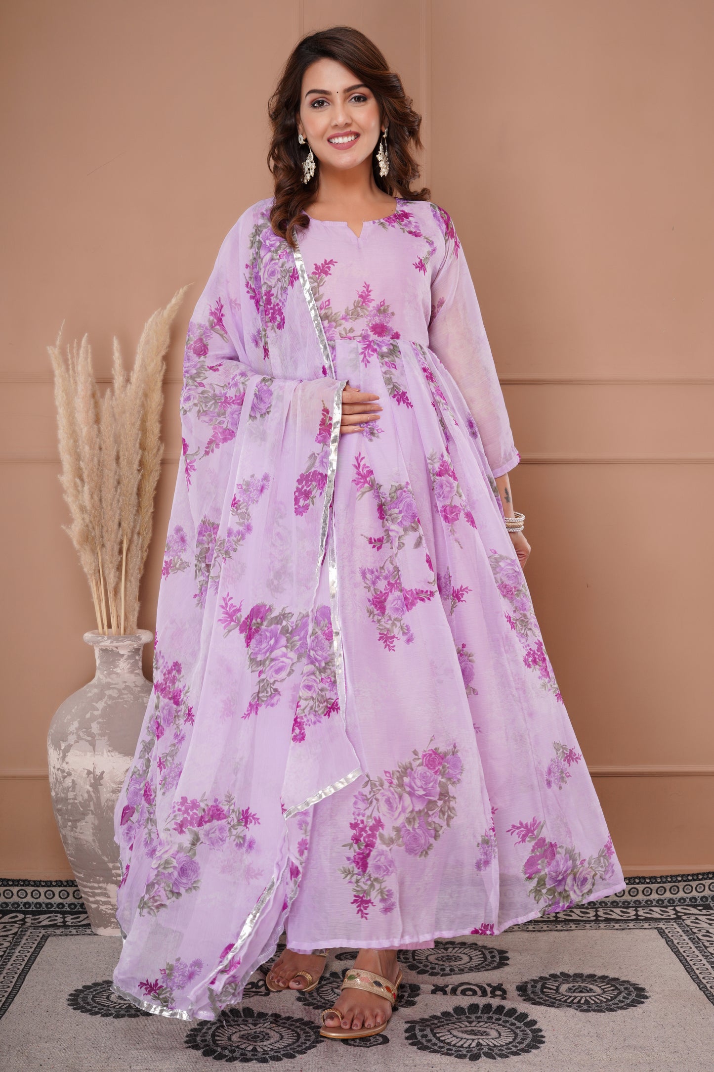 New Floral Printed Chiffon Fabric Traditional Wear Dress.