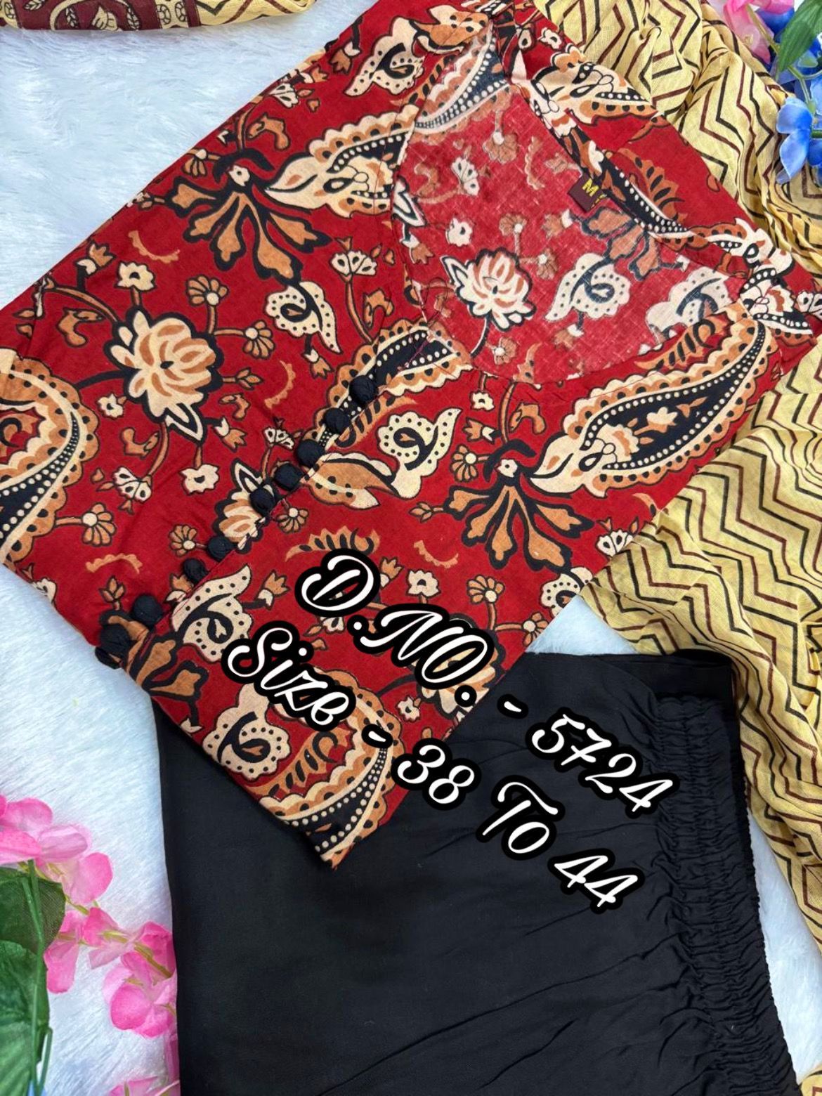 Handblock Printed Cotton Kurti Set with Pom-Pom Detailing