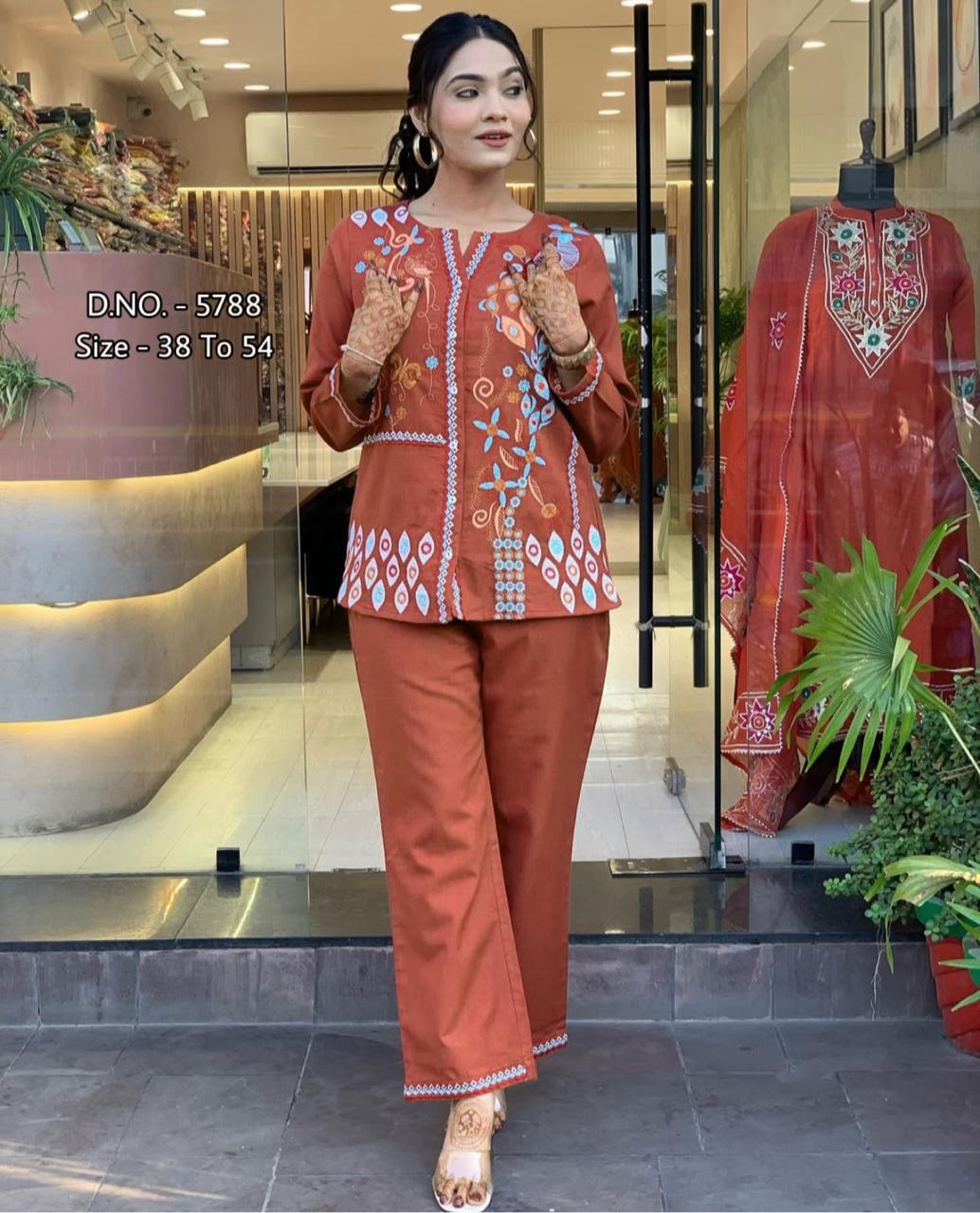 Heavy Cotton Slub Aari Embroidered Co-ord Set with Short Shirt & Pant