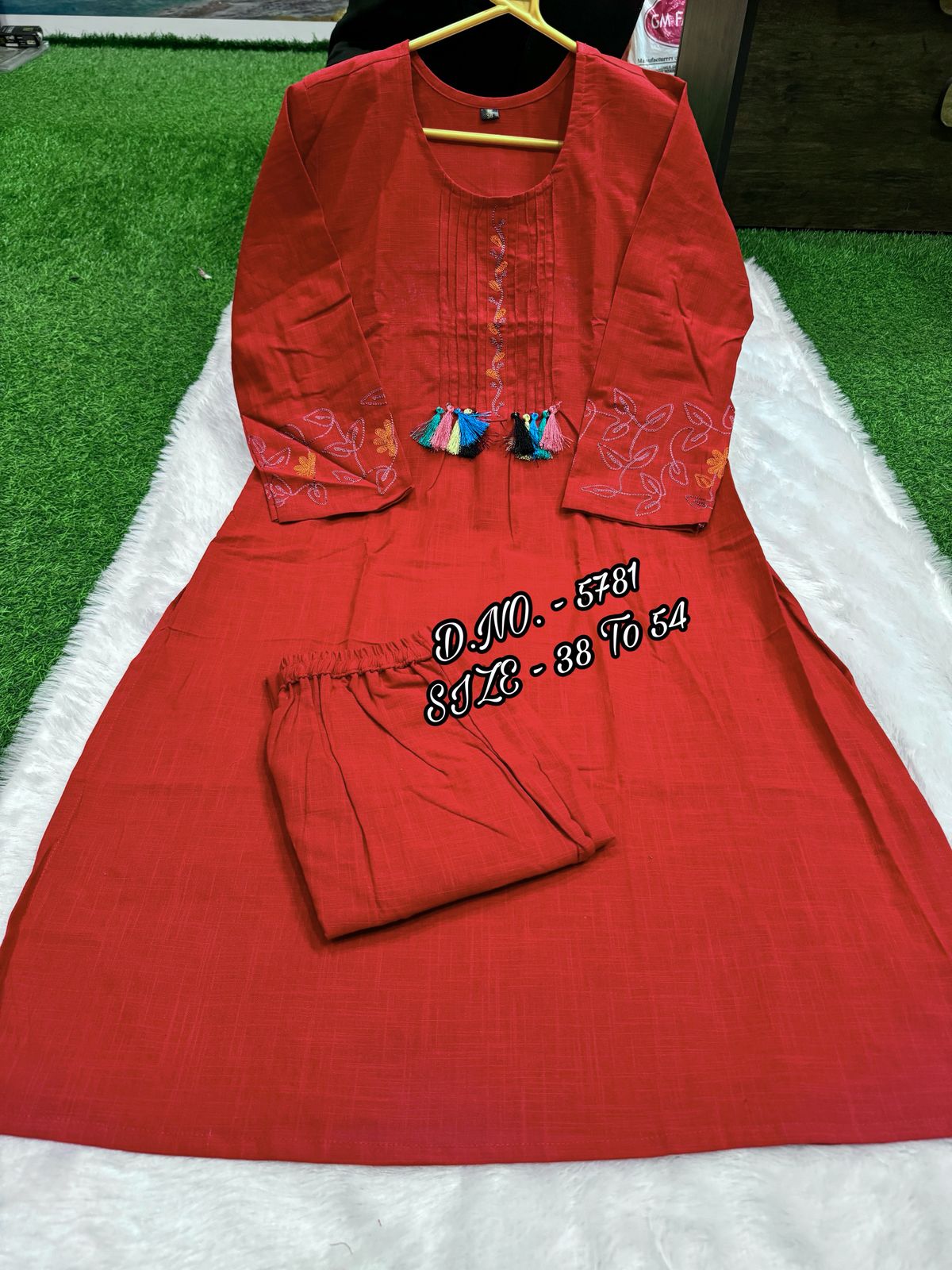 Premium Cotton Slub/Flex (Khadi) Embroidered Co-ord Set with Long Kurti & Pant