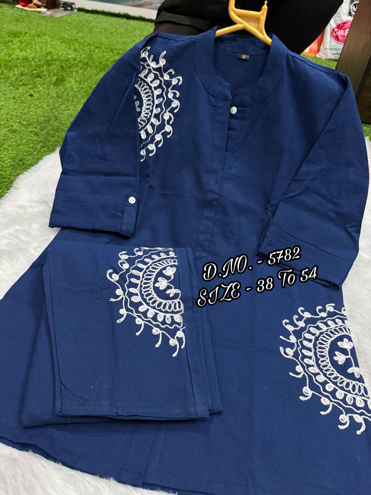 Premium Cotton Slub/Flex (Khadi) Short Shirt Co-ord Set with Hand Aari Embroidery