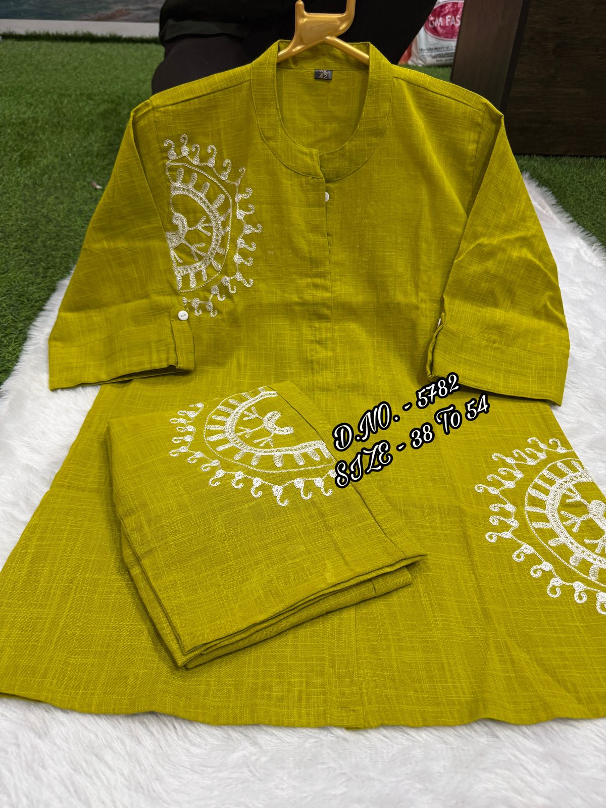 Premium Cotton Slub/Flex (Khadi) Short Shirt Co-ord Set with Hand Aari Embroidery