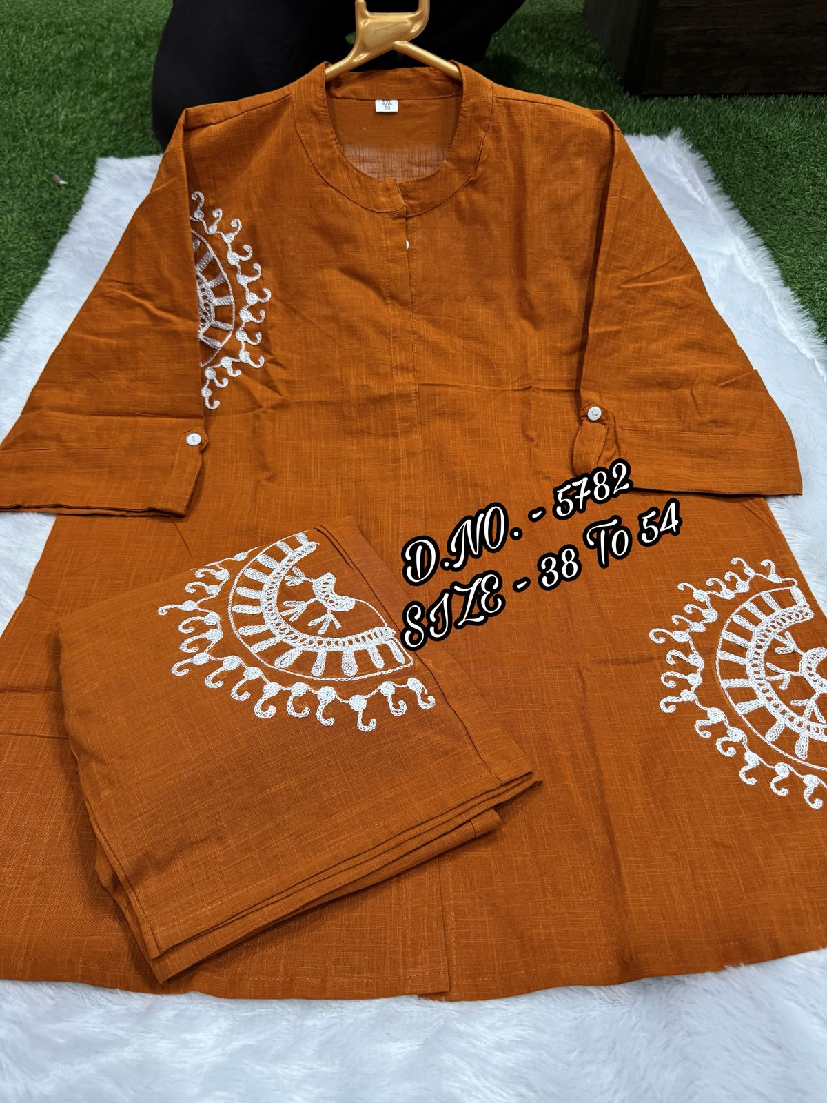 Premium Cotton Slub/Flex (Khadi) Short Shirt Co-ord Set with Hand Aari Embroidery