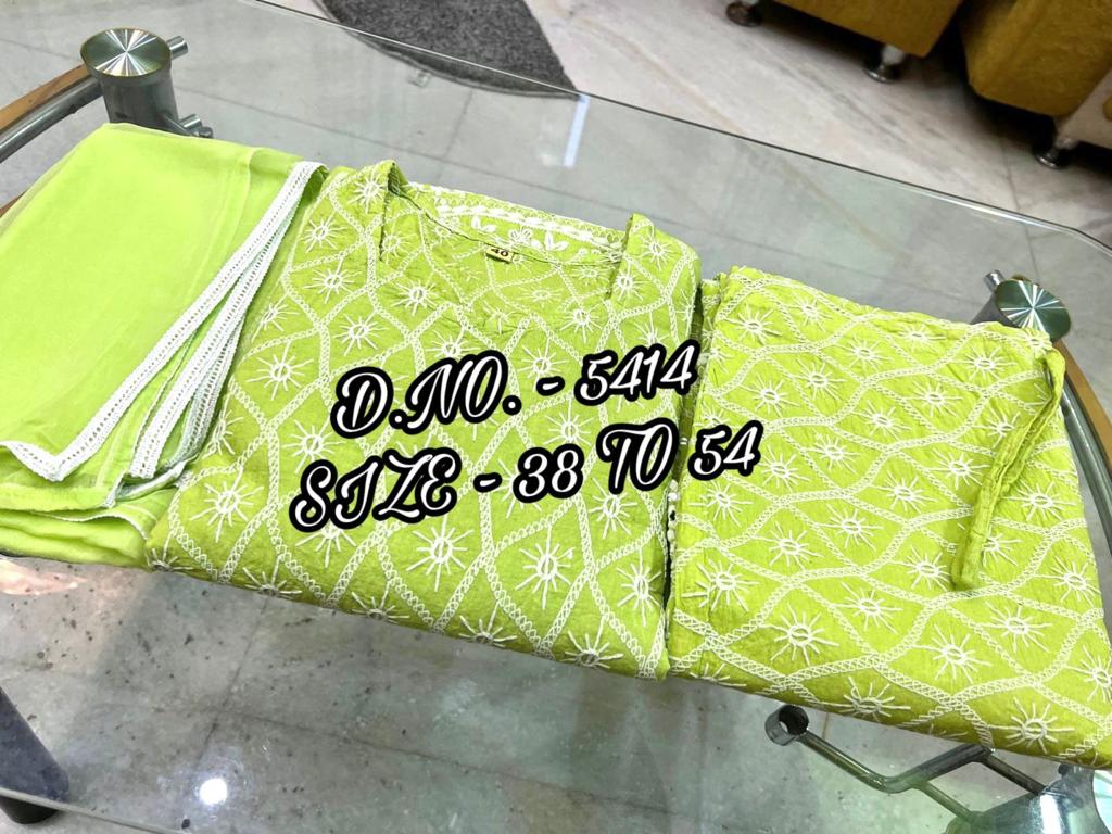 Heavy Chicken Sequence Work Suit Set with Kurti, Pant & Chiffon Dupatta