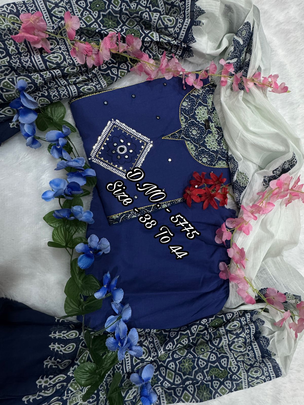 Bandhej Printed Cotton Cambric Embroidered Suit Set with Mulmul Dupatta