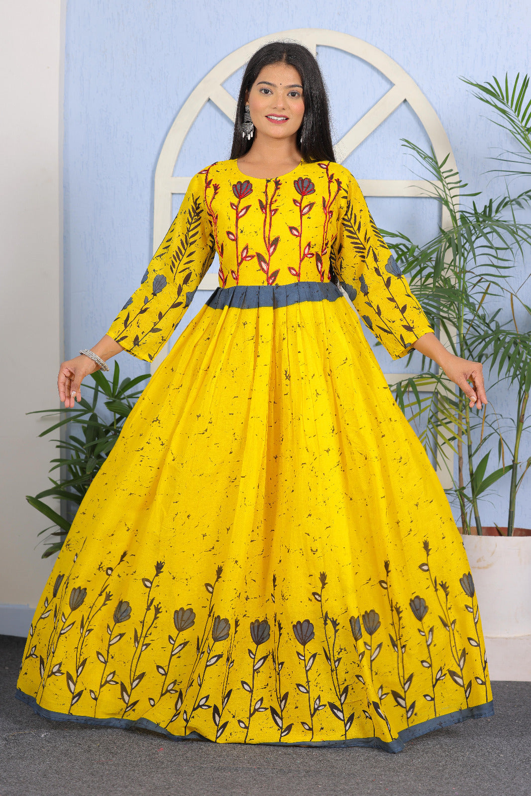 Vibrant Yellow & Blue Floral Printed A-Line Kurta