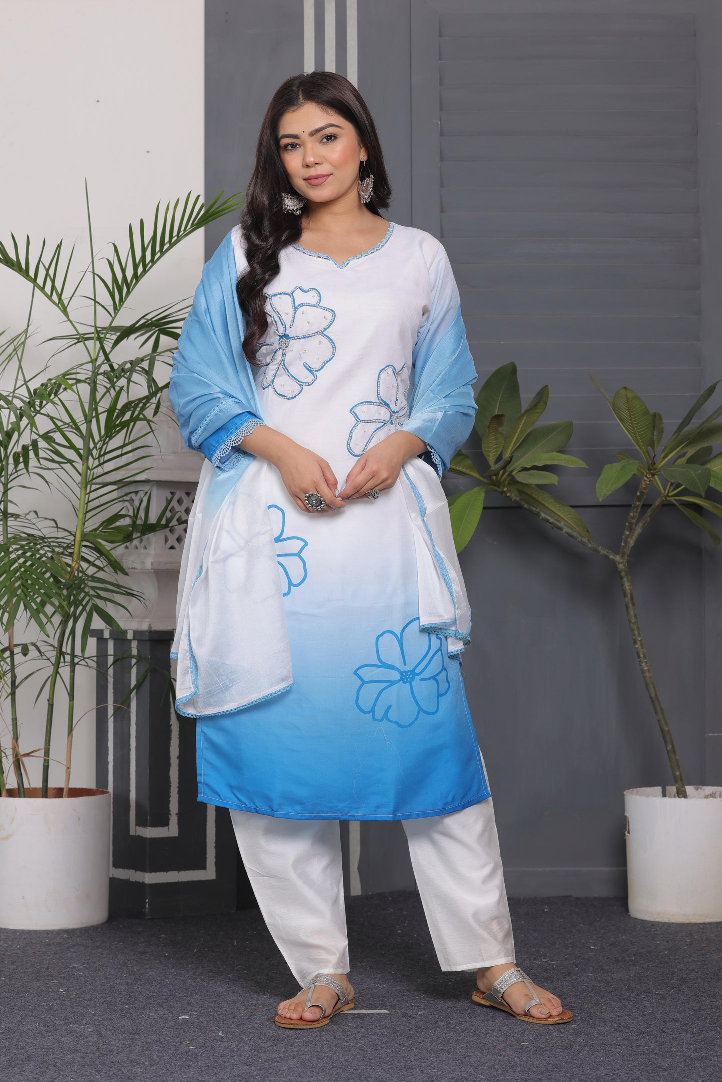 Muslin Silk Kurti Set with Tye & Dye, Beads Work & Chanderi Silk Pant