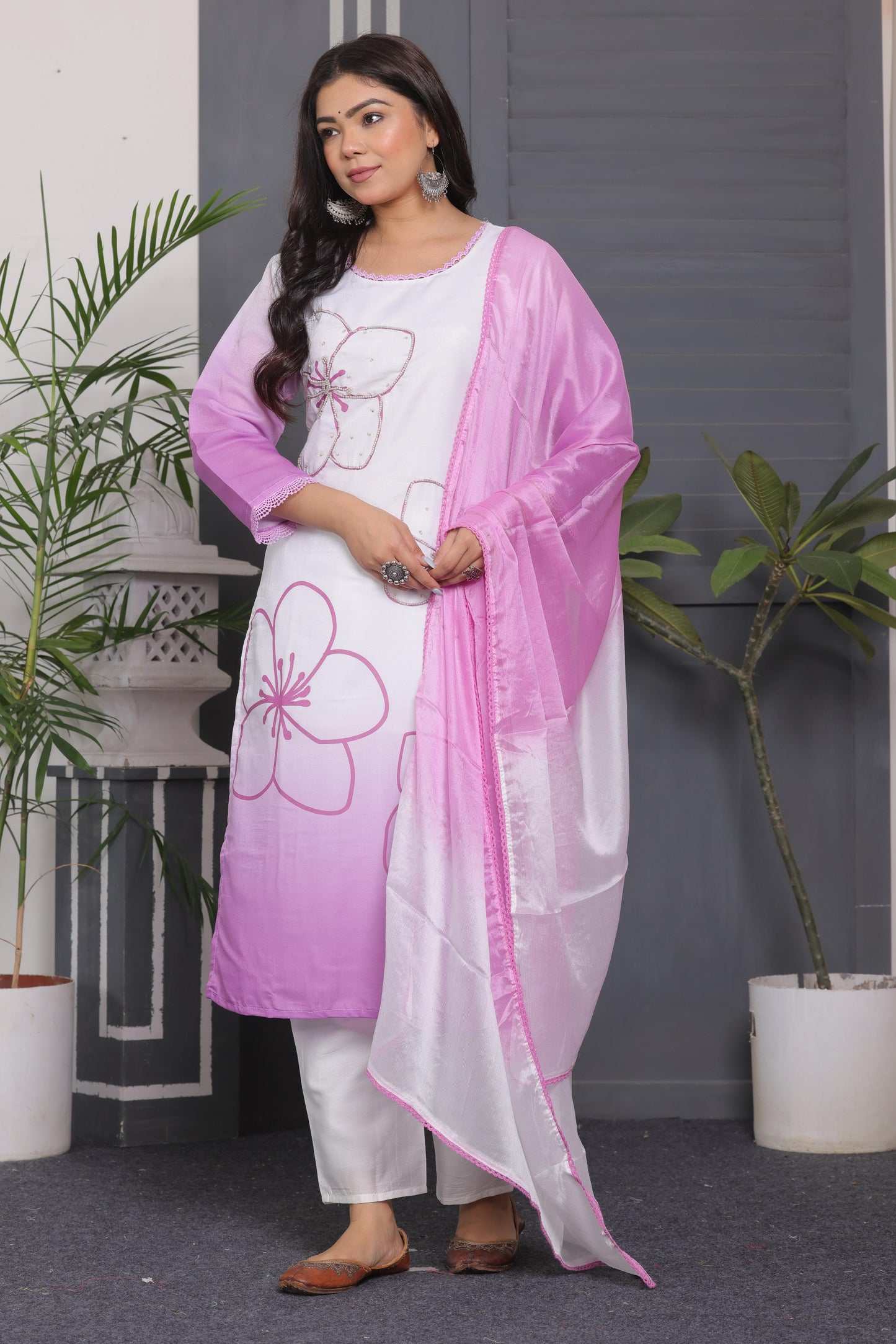 Muslin Silk Kurti Set with Tye & Dye, Beads Work & Chanderi Silk Pant