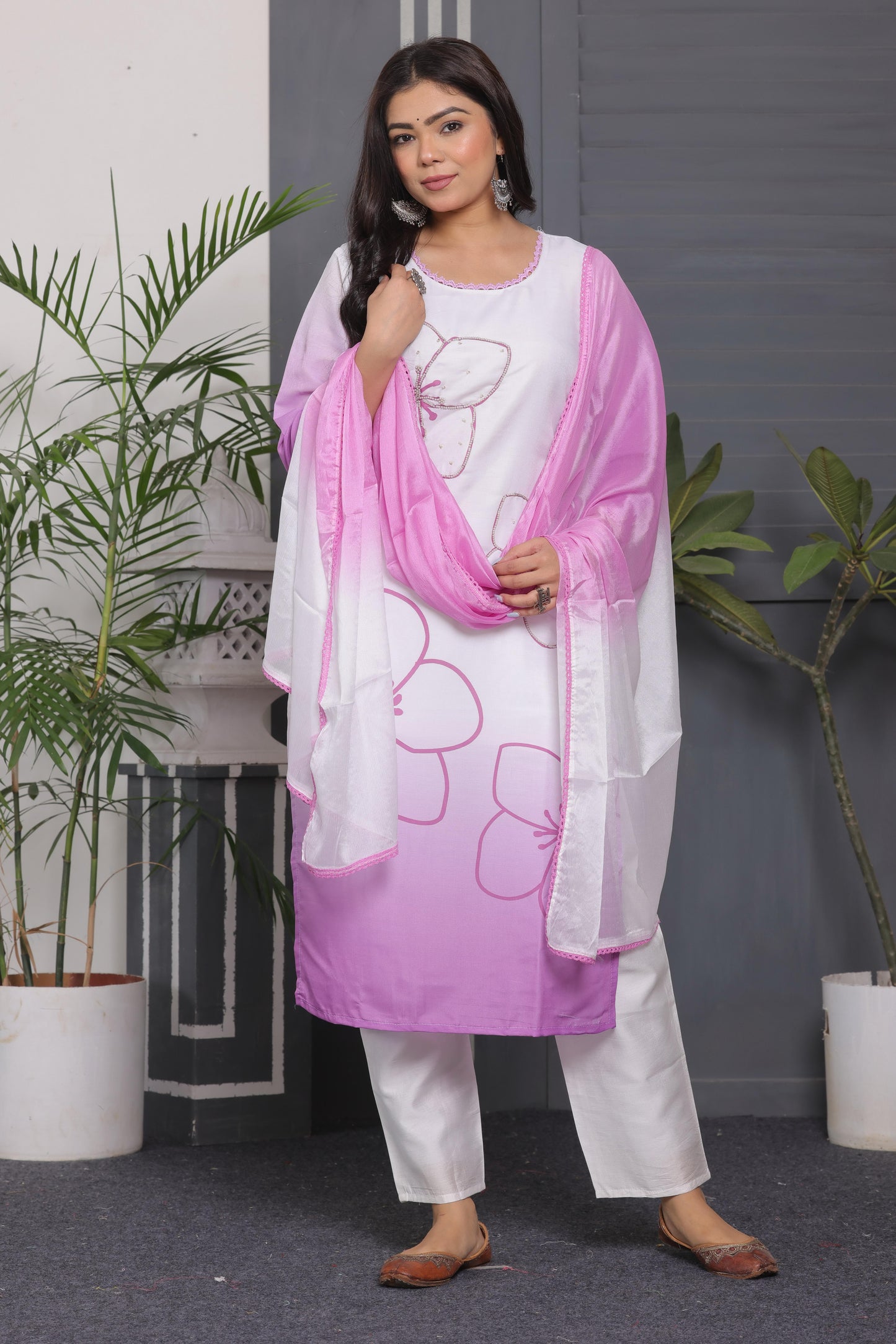 Muslin Silk Kurti Set with Tye & Dye, Beads Work & Chanderi Silk Pant