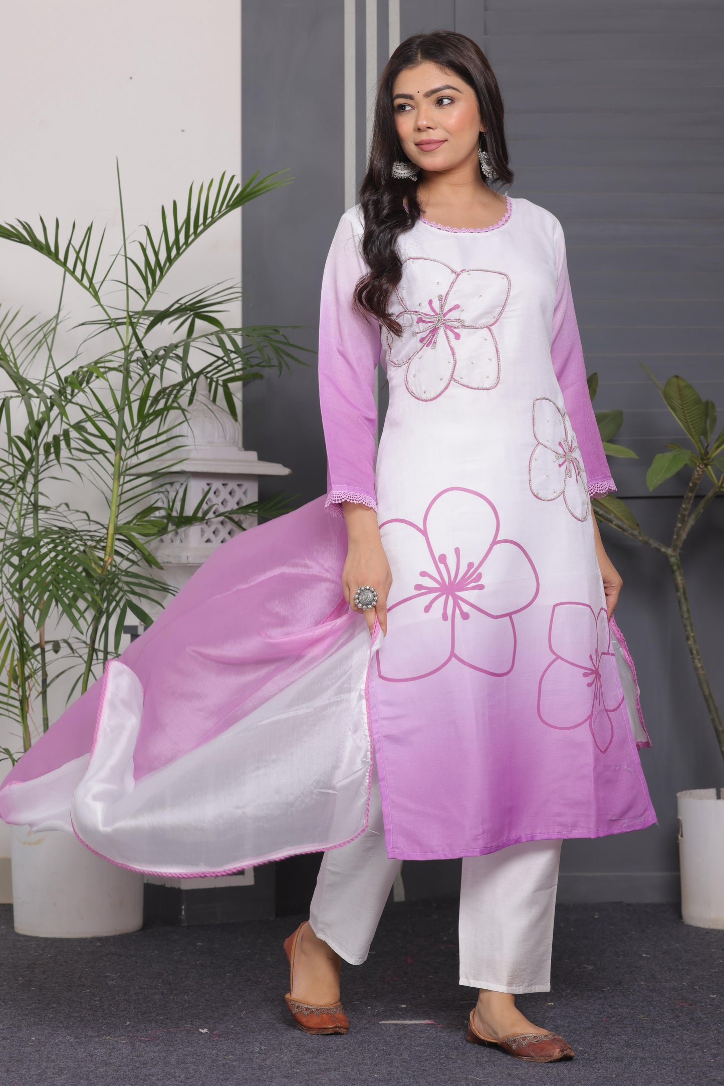 Muslin Silk Kurti Set with Tye & Dye, Beads Work & Chanderi Silk Pant