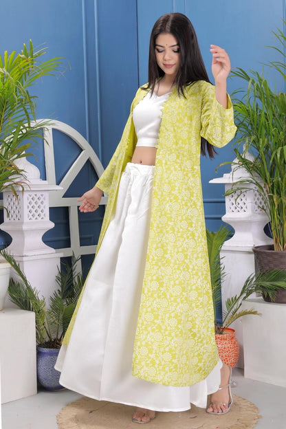 Pure Rayon Fabric Stylish Choli, Skirt And Shrug Set.