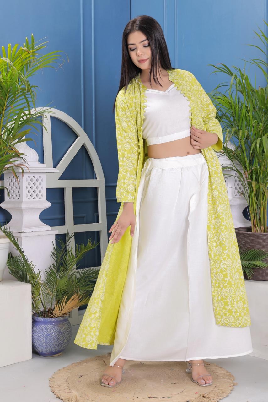 Pure Rayon Fabric Stylish Choli, Skirt And Shrug Set.