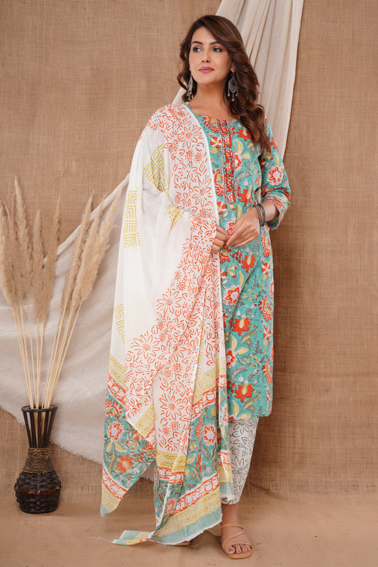 Pure Cotton Fabric Kurta, Pant And Dupatta Set.