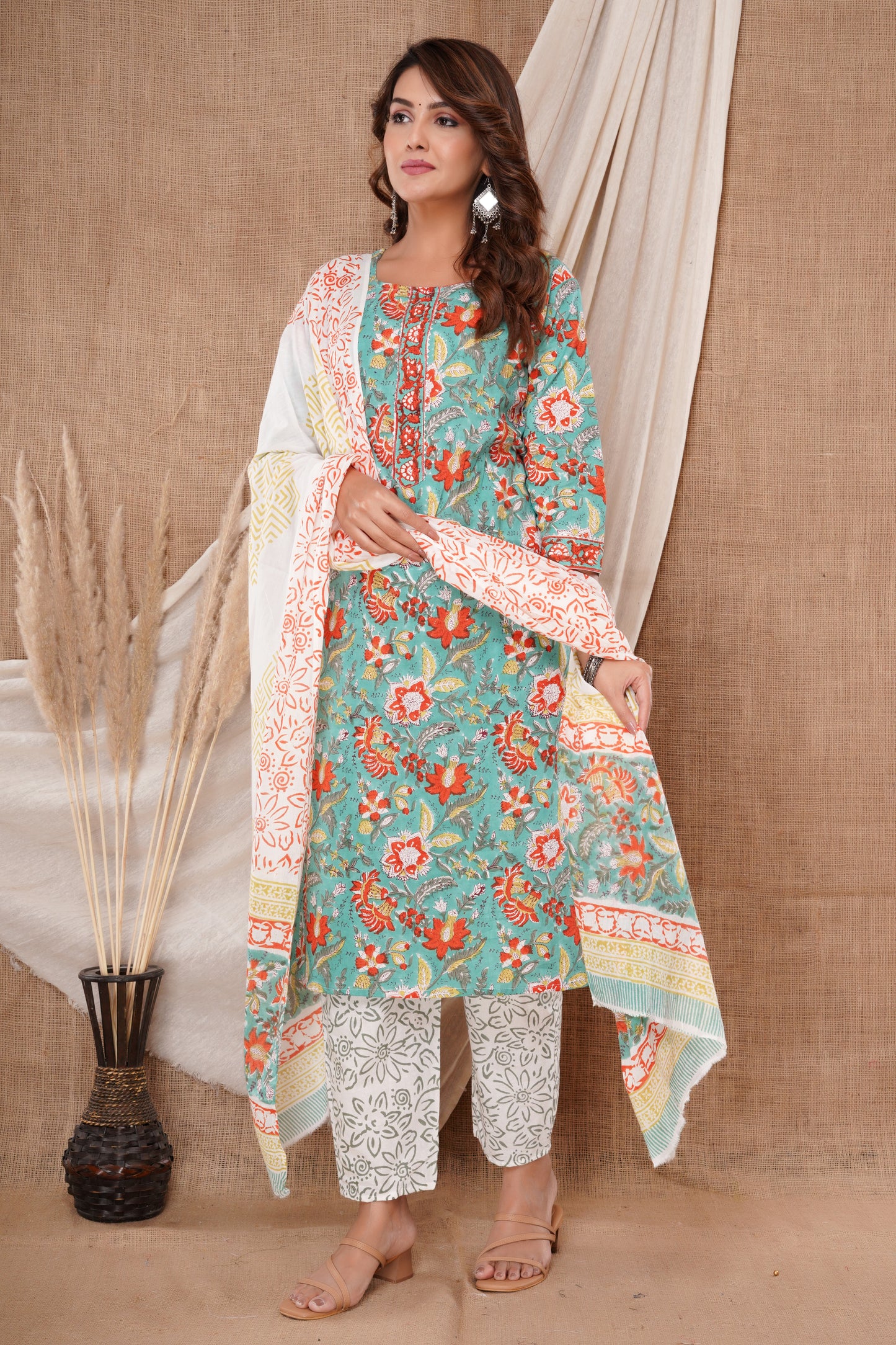 Pure Cotton Fabric Kurta, Pant And Dupatta Set.