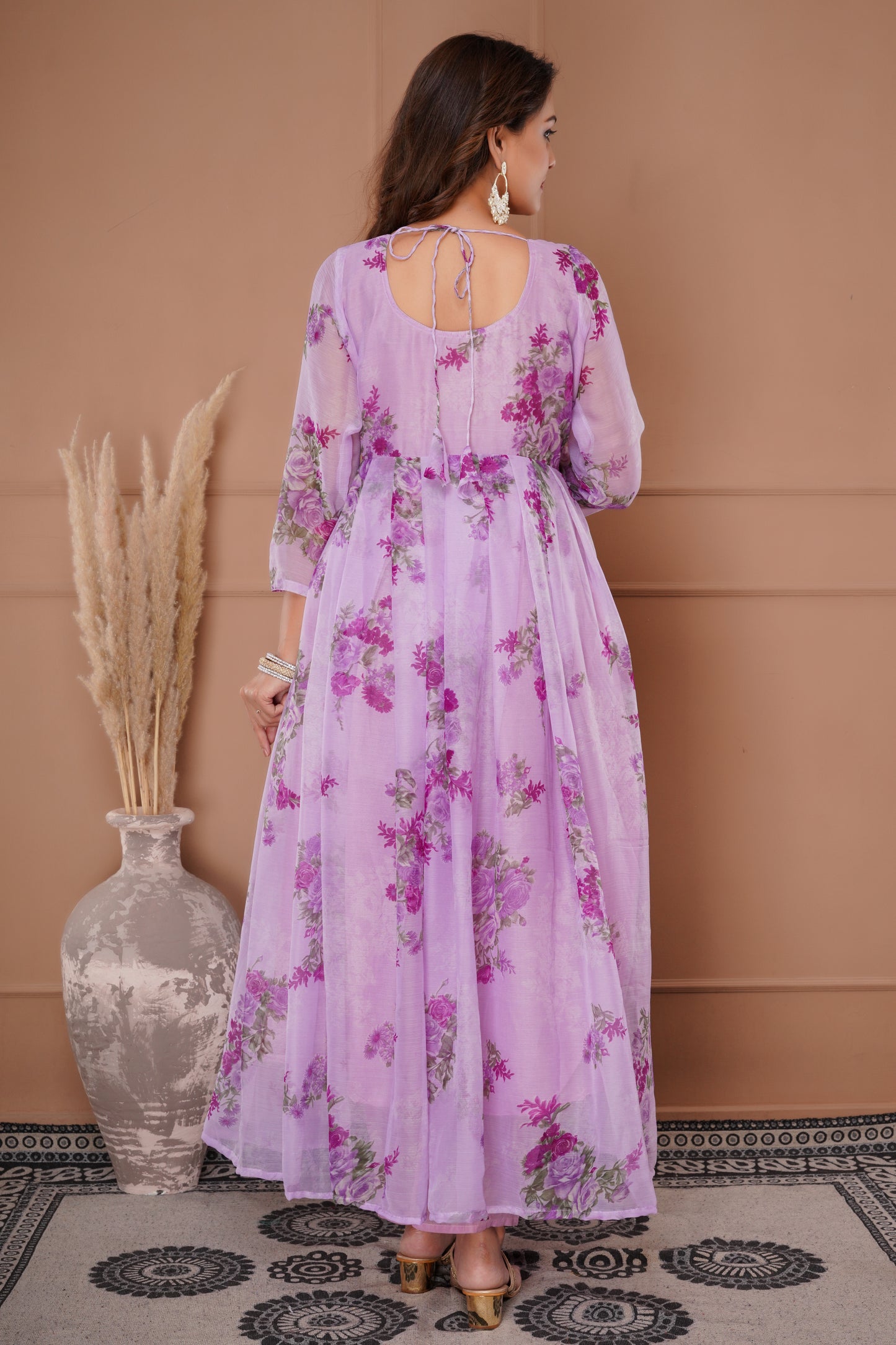 New Floral Printed Chiffon Fabric Traditional Wear Dress.