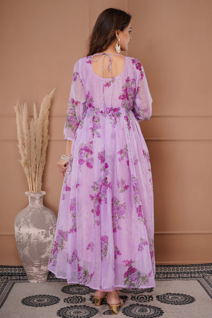 New Floral Printed Chiffon Fabric Traditional Wear Dress.