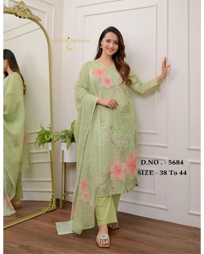 Elegant Chicken Linen Schiffli Kurti Set with Chanderi Pant & Dupatta