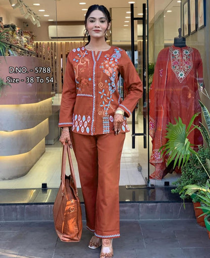 Heavy Cotton Slub Aari Embroidered Co-ord Set with Short Shirt & Pant