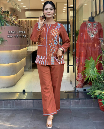 Heavy Cotton Slub Aari Embroidered Co-ord Set with Short Shirt & Pant