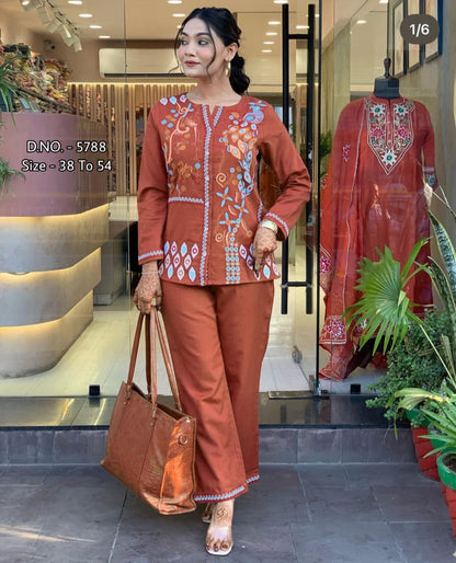 Heavy Cotton Slub Aari Embroidered Co-ord Set with Short Shirt & Pant