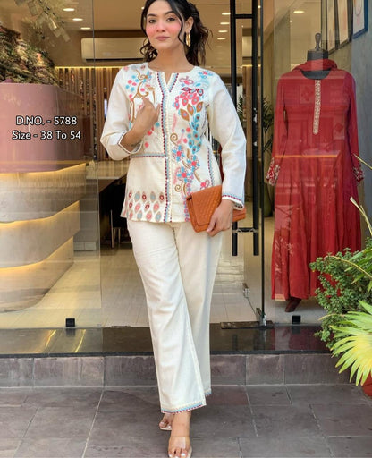 Heavy Cotton Slub Aari Embroidered Co-ord Set with Short Shirt & Pant