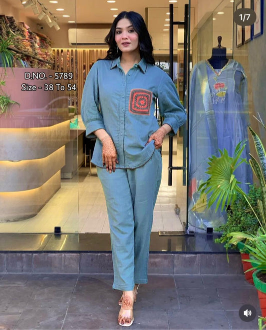 Heavy Cotton Slub/Flex (Khadi) Hand Aari Embroidered Short Shirt & Pant Co-ord Set