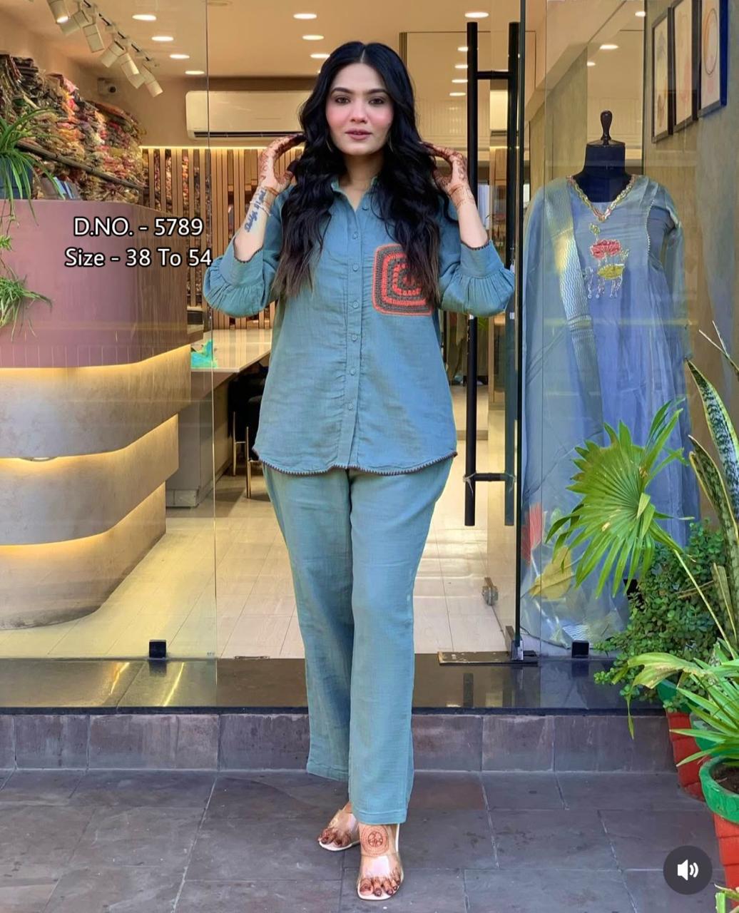 Heavy Cotton Slub/Flex (Khadi) Hand Aari Embroidered Short Shirt & Pant Co-ord Set