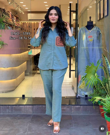 Heavy Cotton Slub/Flex (Khadi) Hand Aari Embroidered Short Shirt & Pant Co-ord Set