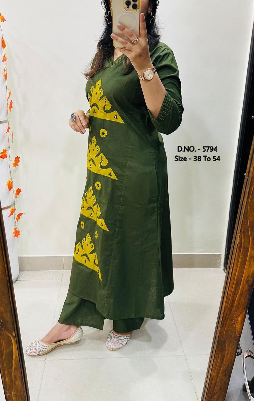 Heavy Cotton Slub/Flex (Khadi) Hand Aari Embroidered A-Line Kurti & Pant Set