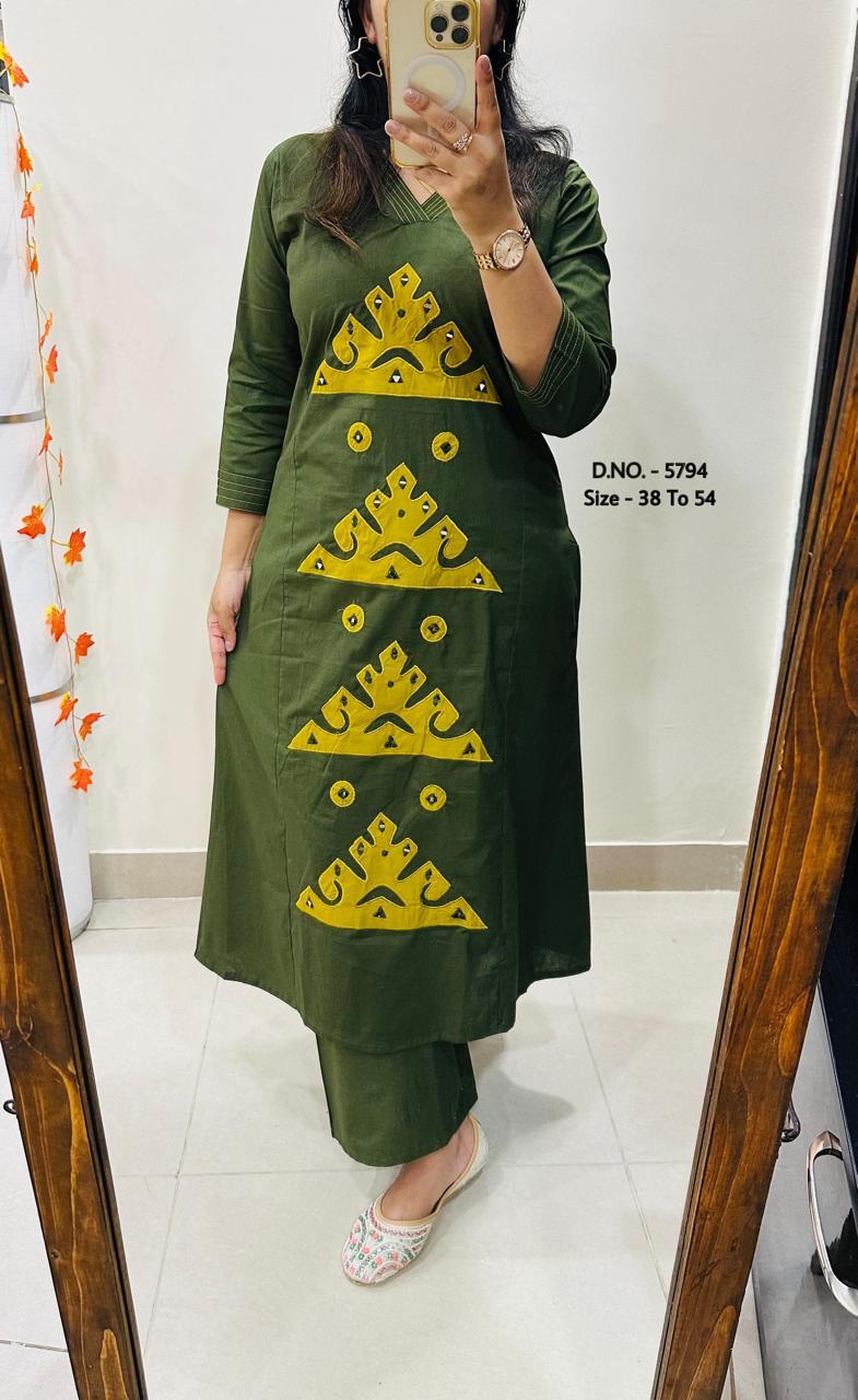 Heavy Cotton Slub/Flex (Khadi) Hand Aari Embroidered A-Line Kurti & Pant Set