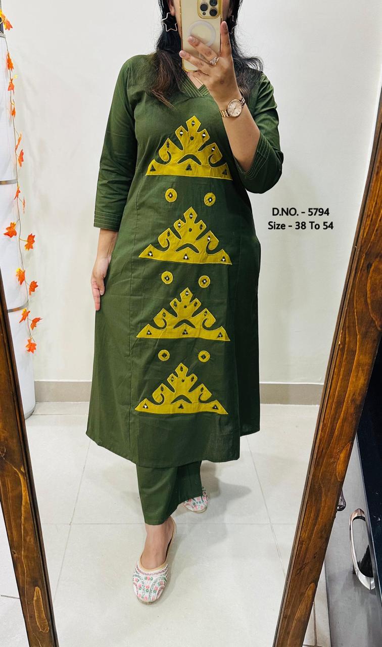 Heavy Cotton Slub/Flex (Khadi) Hand Aari Embroidered A-Line Kurti & Pant Set