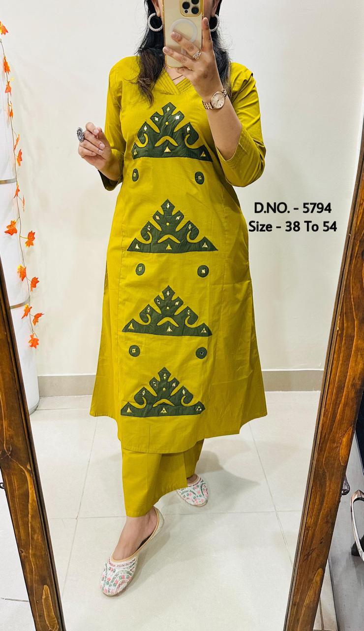 Heavy Cotton Slub/Flex (Khadi) Hand Aari Embroidered A-Line Kurti & Pant Set