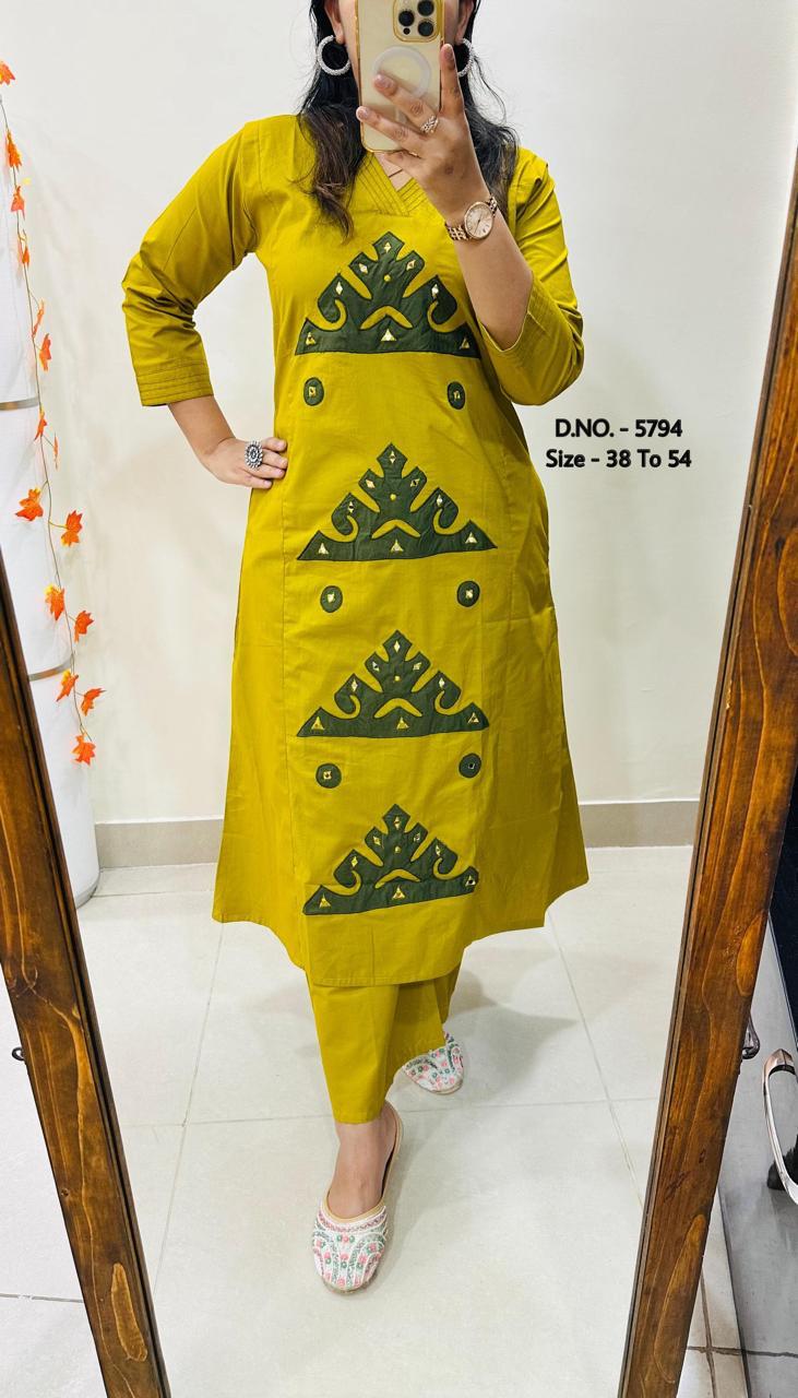 Heavy Cotton Slub/Flex (Khadi) Hand Aari Embroidered A-Line Kurti & Pant Set