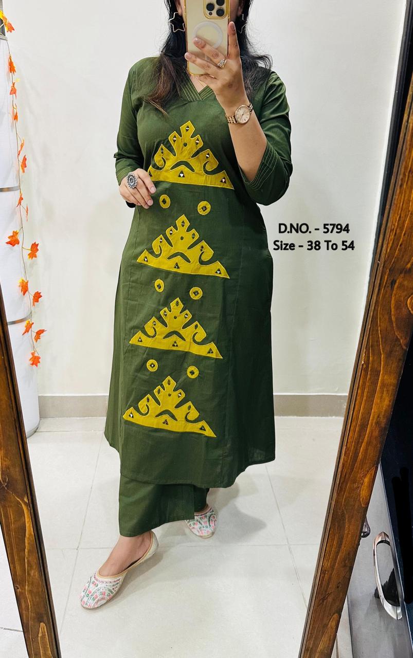 Heavy Cotton Slub/Flex (Khadi) Hand Aari Embroidered A-Line Kurti & Pant Set