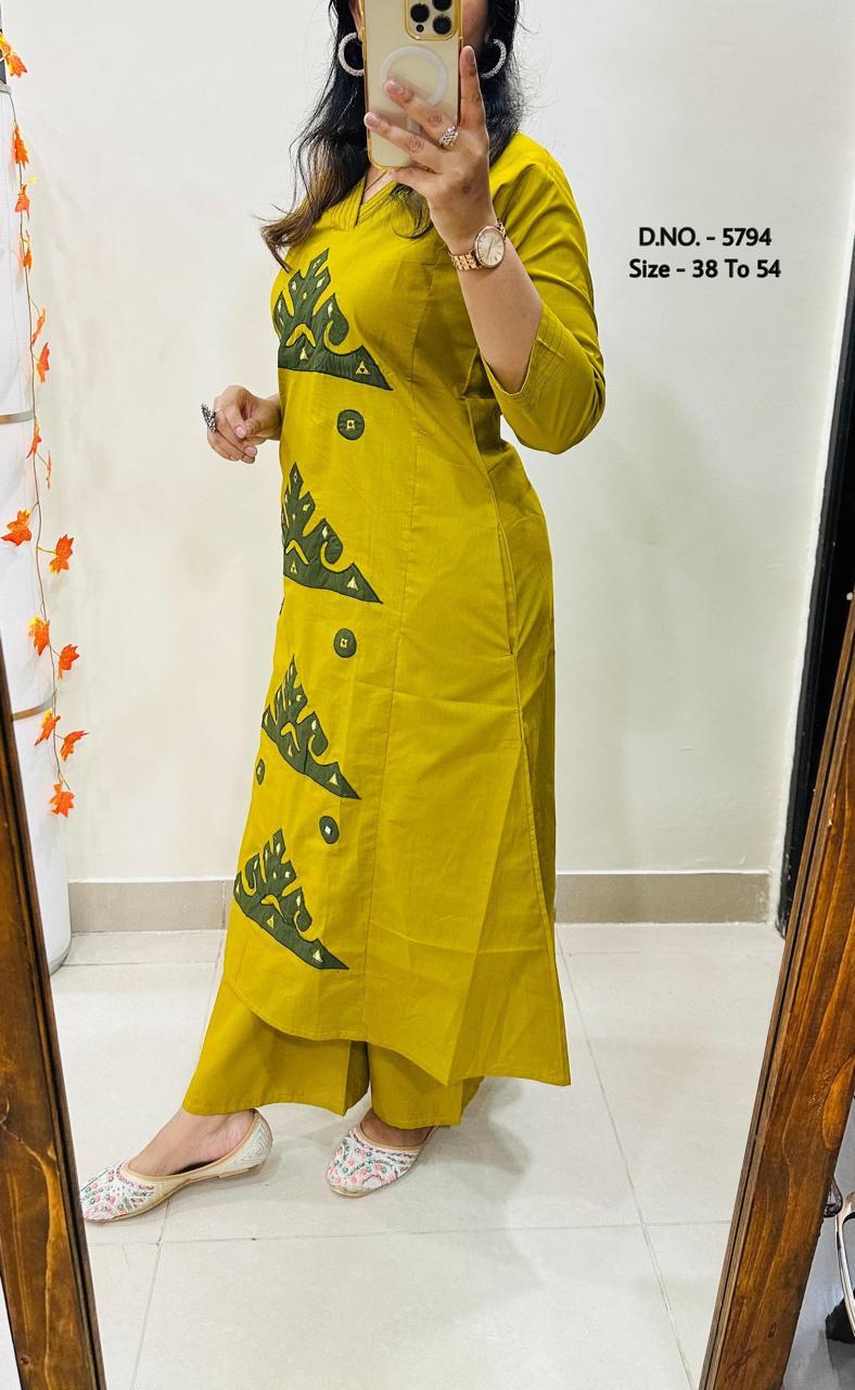 Heavy Cotton Slub/Flex (Khadi) Hand Aari Embroidered A-Line Kurti & Pant Set
