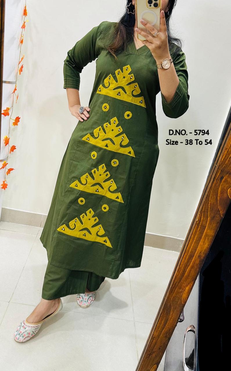 Heavy Cotton Slub/Flex (Khadi) Hand Aari Embroidered A-Line Kurti & Pant Set