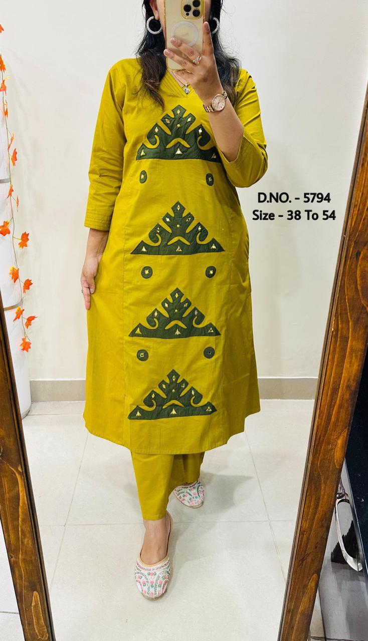 Heavy Cotton Slub/Flex (Khadi) Hand Aari Embroidered A-Line Kurti & Pant Set