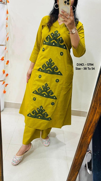 Heavy Cotton Slub/Flex (Khadi) Hand Aari Embroidered A-Line Kurti & Pant Set