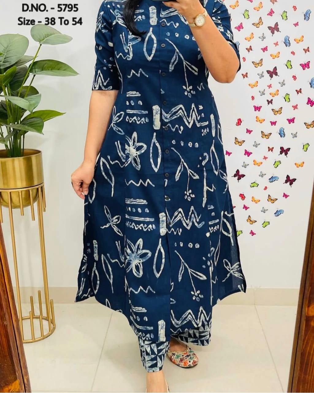 Pure Cotton Cambric Block Printed A-Line Kurti & Pant Set