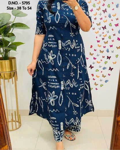 Pure Cotton Cambric Block Printed A-Line Kurti & Pant Set