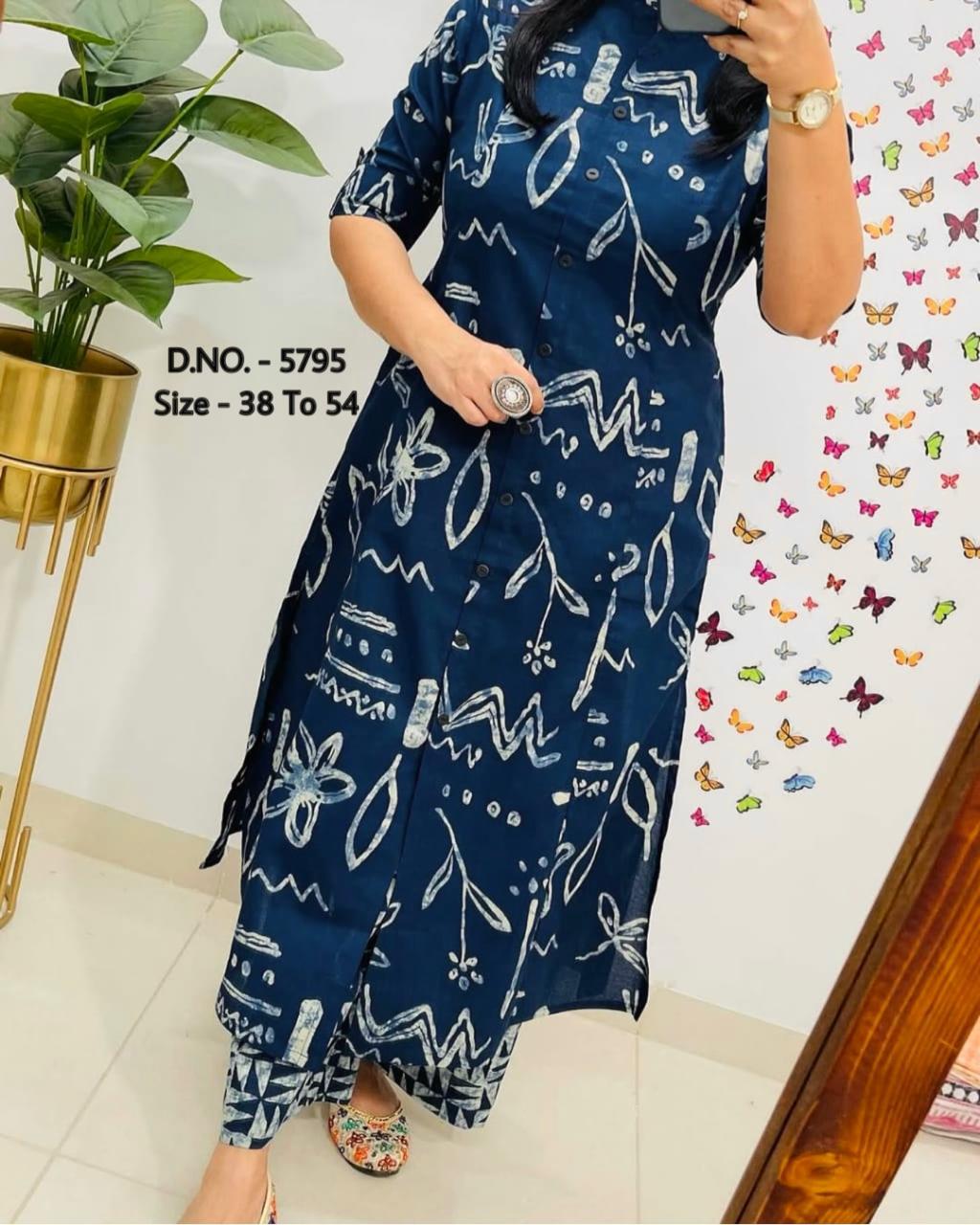 Pure Cotton Cambric Block Printed A-Line Kurti & Pant Set