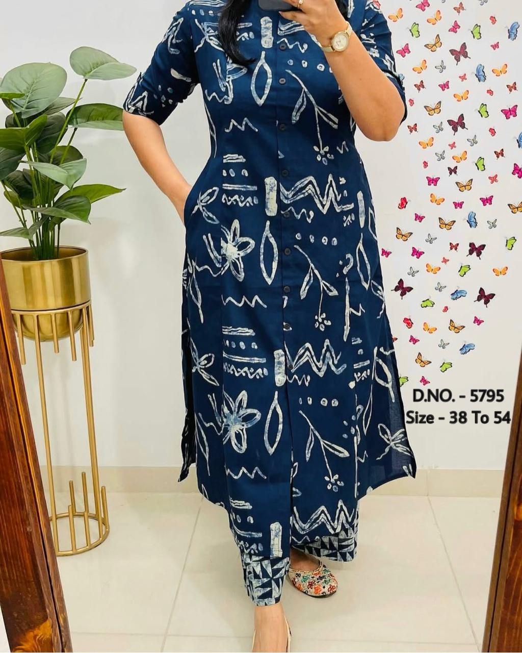 Pure Cotton Cambric Block Printed A-Line Kurti & Pant Set