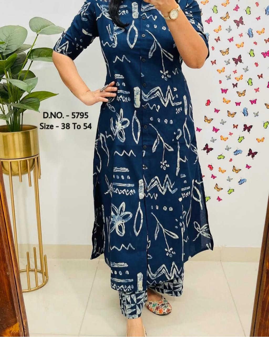 Pure Cotton Cambric Block Printed A-Line Kurti & Pant Set