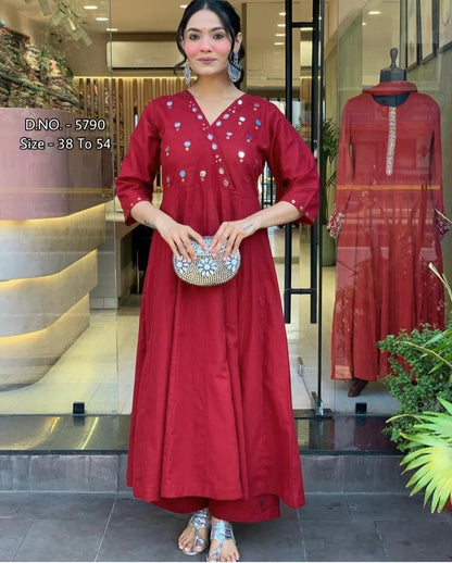 Heavy Rayon Floor-Length Gown Kurti Set with Aari Work