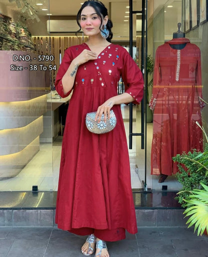 Heavy Rayon Floor-Length Gown Kurti Set with Aari Work