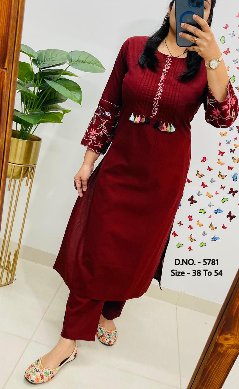 Premium Cotton Slub/Flex (Khadi) Embroidered Co-ord Set with Long Kurti & Pant