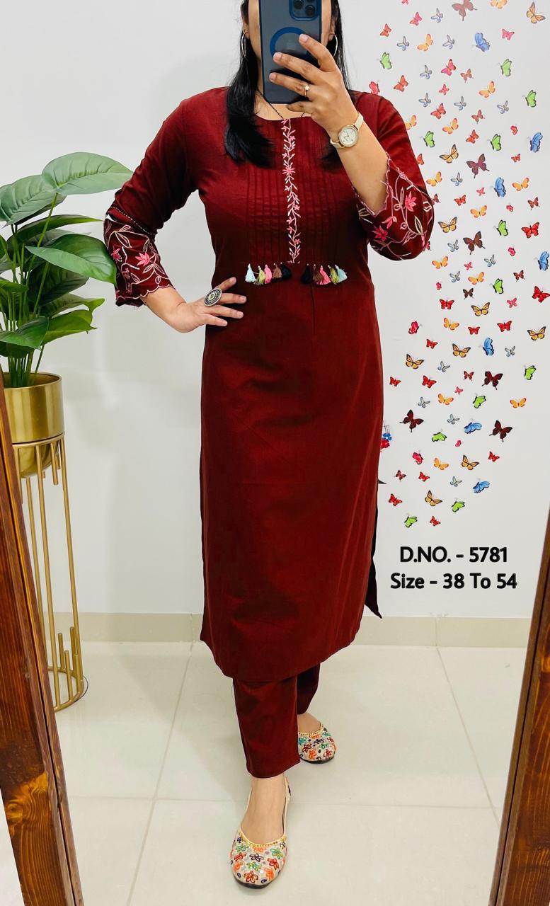 Premium Cotton Slub/Flex (Khadi) Embroidered Co-ord Set with Long Kurti & Pant
