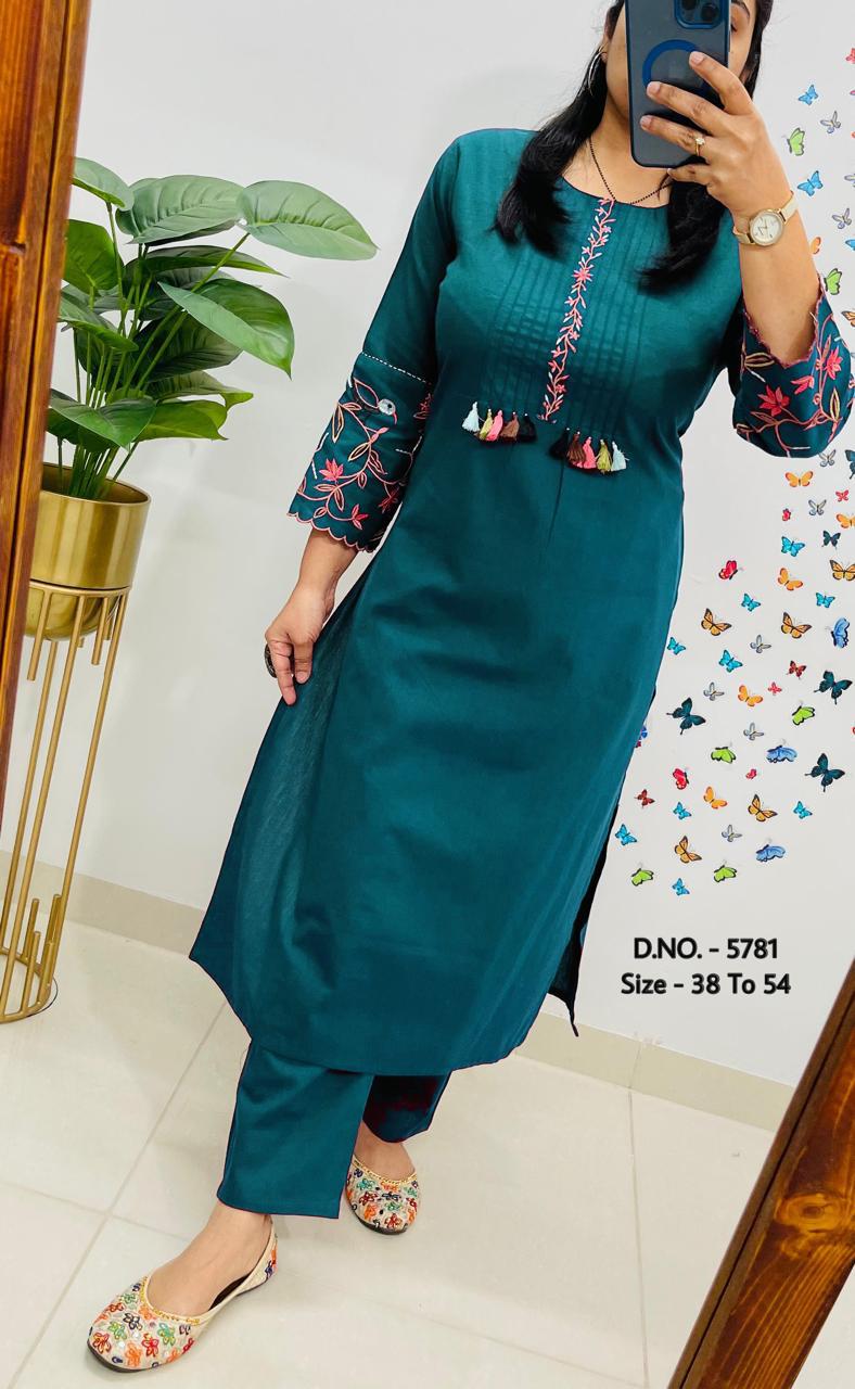 Premium Cotton Slub/Flex (Khadi) Embroidered Co-ord Set with Long Kurti & Pant