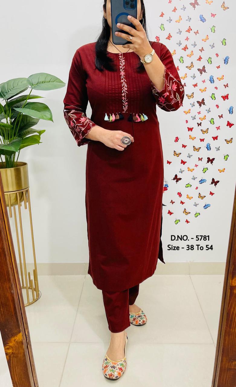 Premium Cotton Slub/Flex (Khadi) Embroidered Co-ord Set with Long Kurti & Pant