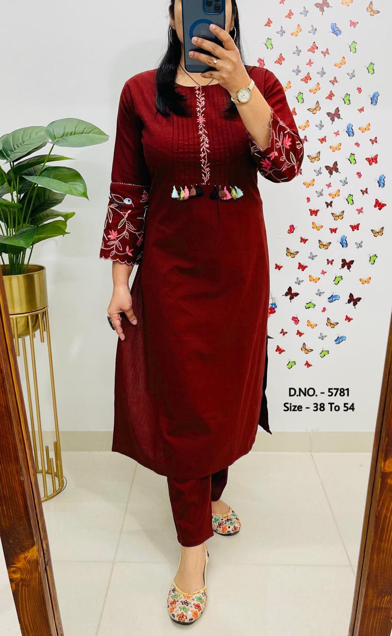 Premium Cotton Slub/Flex (Khadi) Embroidered Co-ord Set with Long Kurti & Pant